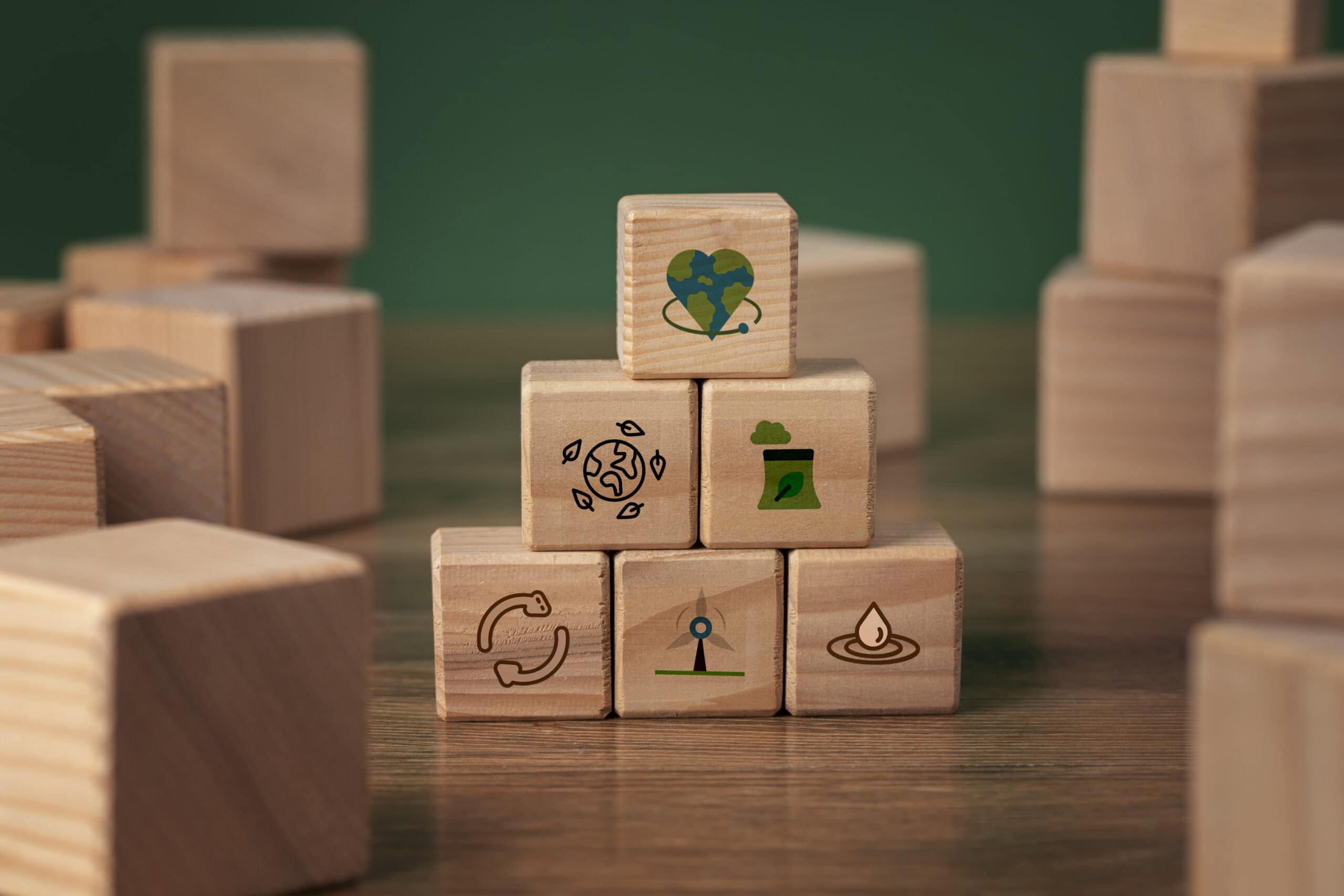 stable of wooden bricks with sustainability illustrations